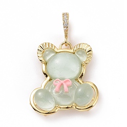 Dark Sea Green Translucent Resin Pendants, Bear with Bowknot Charm, with Brass Micro Pave Clear Cubic Zirconia, Cadmium Free & Lead Free, Real 18K Gold Plated, Dark Sea Green, 28x25x8mm, Hole: 4.5x7mm