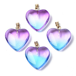 Deep Sky Blue Two Tone Spray Painted Glass Pendants, with Golden Plated Iron Bails, Heart, Deep Sky Blue, 22x20.5x7mm, Hole: 6x2mm