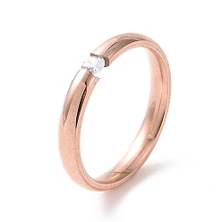 Oro Rosa Anillo de dedo delgado simple de diamantes de imitación de cristal, 201 joyas de acero inoxidable para mujer, oro rosa, diámetro interior: 17 mm