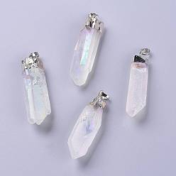 Quartz Crystal Angel Aura Quartz, Prism Natural Quartz Crystal Big Pendants, AB Color Plated, with Platinum Plated Top and Brass Bails, 55.5~60x12~17x12~17mm, Hole: 8x5mm