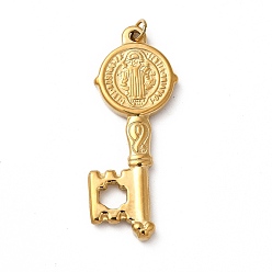 Real 14K Gold Plated Ion Plating(IP) 304 Stainless Steel Pendants, with Jump Ring, Key with Cssml Ndsmd Cross God Father Religious Christianity, Real 14K Gold Plated, 35x15x2.5mm, Hole: 3mm