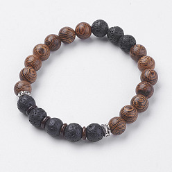 Lava Rock Natural Lava Rock Beads Stretch Bracelets, with Wenge Wood Beads, Coconut and Alloy Finding, 2 inch(50~52mm)