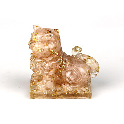 Rose Quartz Resin Tiger Display Decoration, with Gold Foil & Natural Rose Quartz Chips inside Statues for Home Office Decorations, 70x40x65mm