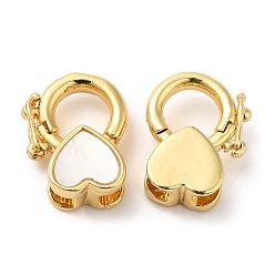 Heart Rack Plating Brass Twister Clasps, with Shell, Cadmium Free & Lead Free, Real 18K Gold Plated, Long-Lasting Plated, Heart, 14mm, Heart: 7x8x5.5mm, Hole: 3x3mm