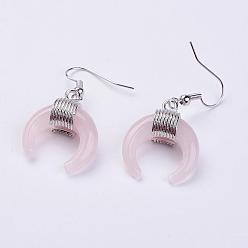Rose Quartz Natural Rose Quartz Dangle Earrings, with Platinum Plated Brass Findings, Double Horn/Crescent Moon, 40mm, Pin: 0.6mm