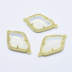 Floral White Brass Micro Pave Cubic Zirconia Links, with Glass, Faceted, Rhombus, Golden, Floral White, 33x20x5mm, Hole: 1.6mm