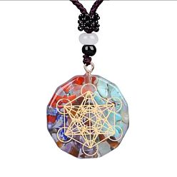 Golden Chakra Yoga Theme Mixed Gemstone with Polygon Resin Pendant Necklace with Polyester Cord for Women, Golden, 15.75~17.72 inch(40~45cm)