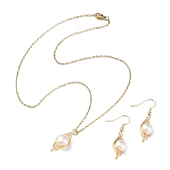 Golden Natural Pearl Pendant Necklace & Dangle Earrings, 304 Stainless Steel Wire Wrap Jewelry Set for Women, Golden, 449mm, 42mm, Pin: 0.6mm