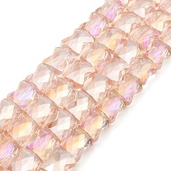 Pink AB Color Plated Transparent Glass Beads Strands, Faceted Bamboo Stick, Pink, 10.5~11x8x5mm, Hole: 1mm, about 59~60pcs/strand, 24.41~24.80''(62~63cm)