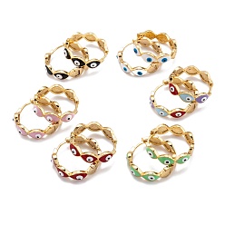 Mixed Color Brass Enamel Huggie Hoop Earrings, Long-Lasting Plated, Ring with Evil Eye, Golden, Mixed Color, 25x6mm, Pin: 1mm