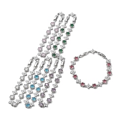 Mixed Color Noble Gift Ideas for Lady Platinum Tone Brass Micro Pave Cubic Zirconia CZ Flower Link Chain Bracelets, with Watch Band Clasps, Mixed Color, 220x8x4mm