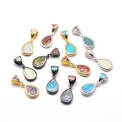 Mixed Color Brass Charms, with Synthetic Opal, teardrop, Mixed Color, 15.5x9x2.5mm, Hole: 3mm