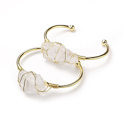 Quartz Crystal Long-Lasting Plated Brass Cuff Bangles, with Natural Quartz Crystal, Nuggets, Golden, 1-3/8 inchx2-3/8 inch(3.8x6cm), 2.8mm