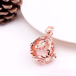 Rose Gold Brass Bead Cage Pendants, for Chime Ball Pendant Necklaces Making, Hollow Teardrop with Flower Charm, Rose Gold, Inner Diameter: 18mm