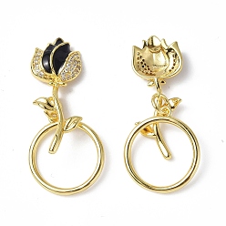 Black Brass Micro Pave Clear Cubic Zirconia Toggle Clasp, with Enamel, Rose, Real 18K Gold Plated, Black, Ring:18.5x16.5x1.5mm, Rose: 27.5x11x6.5mm