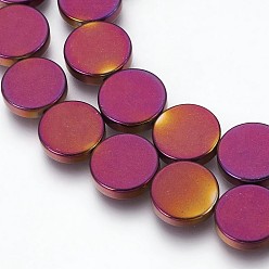 Purple Plated Electroplated Non-magnetic Synthetic Hematite Beads Strands, Polish, Flat Round, Purple Plated, 10x2mm, Hole: 0.8mm, about 41pcs/strand, 15.94 inch(40.5cm)