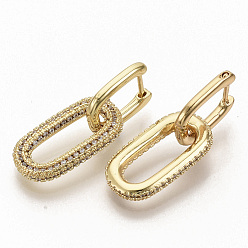 Clear Brass Micro Pave Cubic Zirconia Dangle Hoop Earrings, Oval, Real 16K Gold Plated, Clear, 31mm, Pin: 0.7x1mm