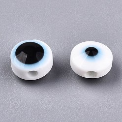 Blanc Perles en résine, plat rond, mauvais œil, blanc, 10~11x5~7mm, Trou: 2mm
