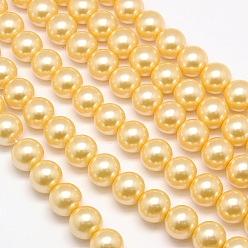 Verge D'or Pâle Brins de perles rondes en verre teinté écologique, Grade a, cordon en coton fileté, verge d'or pale, 12mm, Trou: 0.7~1.1mm, Environ 34 pcs/chapelet, 15 pouce