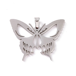 Stainless Steel Color Hollow 201 Stainless Steel Pendants, Butterfly, Stainless Steel Color, 31x41x2mm, Hole: 4x6mm