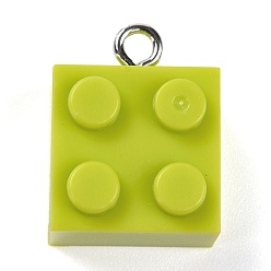 Желто-Зеленый Подвески из смолы, с железной платиной петлей, игрушечные кирпичи, желто-зеленый, 21x15.5x11 мм, отверстие : 2.6 мм