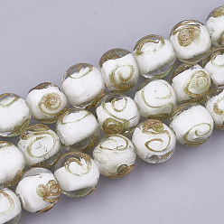 White Handmade Gold Sand Lampwork Beads, Round, White, 11.5~12.5x11~12mm, Hole: 1.5~2mm