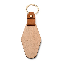 Rhombus Wooden & Imitation Leather Pendant Keychain, with Iron Rings, Rhombus, 14.5cm