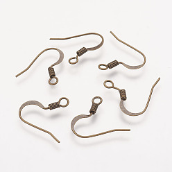 Античная Бронза Латунные французские крючки для серег, плоские крючки для серег, провод уха, с горизонтальной петлей, без никеля , античная бронза, 17 мм, отверстие : 2 мм, 21 датчик, штифты : 0.7 мм