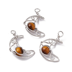 Tiger Eye Natural Tiger Eye Pendants, Moon Charms, with Rack Plating Platinum Tone Brass Findings, Cadmium Free & Lead Free, 31.5~33x22x8.5mm, Hole: 2.5~3mm