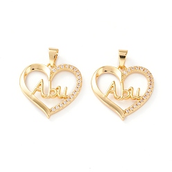 Real 18K Gold Plated Brass Micro Pave Clear Cubic Zirconia Pendants, Long-Lasting Plated, Heart with Word Abu, Real 18K Gold Plated, 19x19x2.5mm, Hole: 5x3.5mm