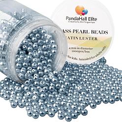 Gris Perle ronde en verre teinté écologique nacré, grises , 4~4.5mm, trou: 0.7~1.1 mm, environ 1000 / boîte