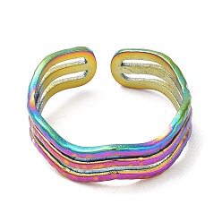 Rainbow Color Ion Plating(IP) 304 Stainless Steel Triple Line Open Cuff Ring for Women, Rainbow Color, US Size 7(17.3mm)