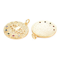Real 18K Gold Plated Rack Plating Brass Micro Pave Colorful Cubic Zirconia Pendants, with Jump Rings, Nickel Free, Flat Round with Evil Eyes, Real 18K Gold Plated, 22x20x2mm, Jump Ring: 5x1mm, 3mm