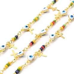 Colorful Enamel Heart with Evil Eye Link Chains, with Glass Seed Beaded and Real 18K Gold Plated Brass Cross Charms, Soldered, with Spools , Colorful, 10x5x3.5mm, 14x2.5mm