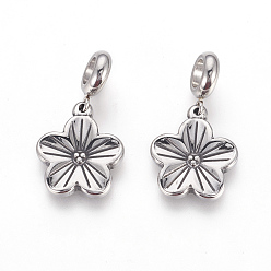 Antique Silver 304 Stainless Steel European Dangle Charms, Large Hole Pendants, Flower, Antique Silver, 29mm, Hole: 5mm, Pendant: 19x16x2.5mm