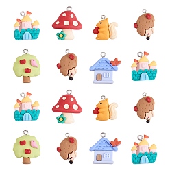 Mixed Color 30Pcs 6 Styles Forest Theme Opaque Resin Pendants, House & Mushroom & Tree & Squirrel & Hedgehog & Castle, Mixed Color, 21.5x19.5mm~22.5x22.8, 5pcs/style