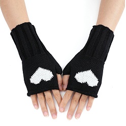 Black Acrylic Fiber Yarn Knitting Fingerless Gloves, Two Tone Heart Pattern Winter Warm Gloves with Thumb Hole, Black, 200x85mm