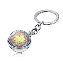 Light Yellow Yoga Mandala Pattern Double-Sided Glass Half Round/Dome Pendant Keychain, with Alloy Findings, for Car Bag Pendant Accessories, Light Yellow, 7.9cm