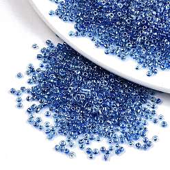 Azul 12/0 perlas de cristal de la semilla, transparente interior colores lustre, agujero redondo, rondo, azul, 12/0, 2~2.5x1.5~2 mm, agujero: 0.8 mm, sobre 30000 unidades / bolsa