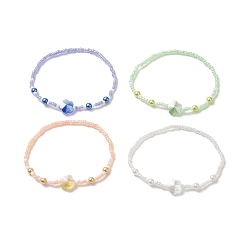 Mixed Color Glass Seed Bead Beaded Bracelets for Women, Flower Glass Stretch Bracelets, Mixed Color, Inner Diameter: 2 inch(5.2cm)