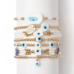White 7Pcs 7 Style Evil Eye Lampwork & Glass Seed & Brass Beaded Stretch Bracelets Set for Women, Alloy Word Charms Stackable Bracelets for Women, White, Inner Diameter: 2~3-1/2 inch(5.2~8.8cm), 1Pc/style
