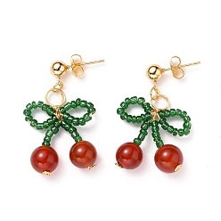 Golden Cherry Dangle Stud Earrings, with Glass Seed Beads, Round Natural Red Agate Beads, 304 Stainless Steel Stud Earring Findings and Ear Nuts, Golden, 33mm, Pin: 0.8mm