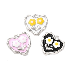 Mixed Color Alloy Eanmel Pendants, Heart with Flower Charm, Platinum, Mixed Color, 18x18x2.5mm, Hole: 1.6mm