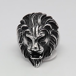 Antique Silver Valentines Day Unique Gift Ideas Retro Men's 304 Stainless Steel Wide Lion Rings, Antique Silver, 17~23mm