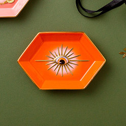 Coral Porcelain Jewelry Plate, Storage Tray for Rings, Necklaces, Earring, Hexagon with Evil Eye Pattern, Coral, 166x110x25mm