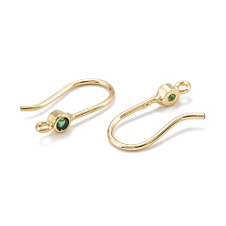 Green Brass Micro Pave Clear Cubic Zirconia Earring Hooks, with Horizontal Loop, Real 18K Gold Plated, Green, 14x7.5x3mm, 20 Gauge, Hole: 1mm