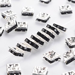 Black Brass Rhinestone Spacer Beads, Grade A, Square, Nickel Free, Black, Silver Color Plated, Size: about 6mmx6mmx3mm, hole: 1mm