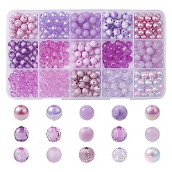 Violet 375pcs 15 styles de perles acryliques, ronde, violette, 7.5~8mm, Trou: 1.5~2mm, 25 pcs / style