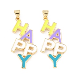 Colorful Brass Enamel Pendants, Long-Lasting Plated, Real 18K Gold Plated, Word HAPPY, Colorful, 35x16.5x2mm, Hole: 3x5mm