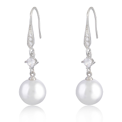 White Pearl Earrings with Cubic Zirconia White Freshwater Shell Pearl Dangle Hook Earrings Stud Round Ball Drop Hoop Earrings Brass Jewelry Gift for Women, White, 42.5x11.5mm, Pin: 0.8mm